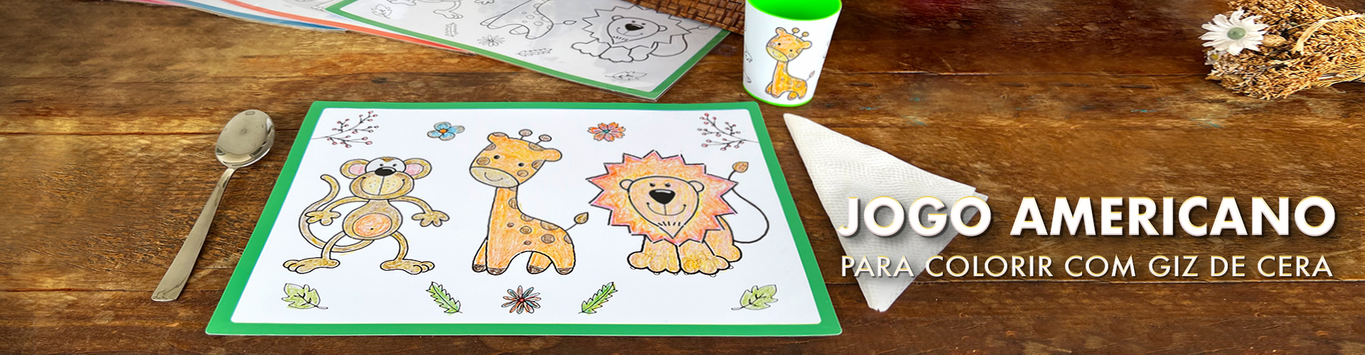 Jogos Americanos produzidos em plástico, reutilizável, para colorir com giz de cera.