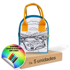 Lancheira Térmica para colorir com giz de cera. Caixa com 5 unidades do modelo Carros.