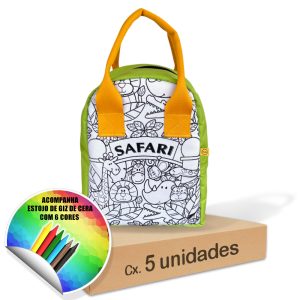 Lancheira Térmica para colorir com giz de cera. Caixa com 5 unidades do modelo Safari.
