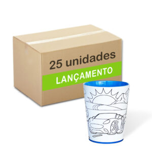 Caixa com 25 copos para colorir modelo Carros Azul. Copos para colorir com giz de cera. Lavável, super original, bonito e resistente.