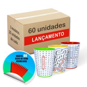 Caixa Mix com 60 unidades sendo 20 unidades de cada um dos 3 modelos dos copos da Linha Quebra Cuca, com os modelos Caça Palavras, Labirinto e Palavras Cruzadas.