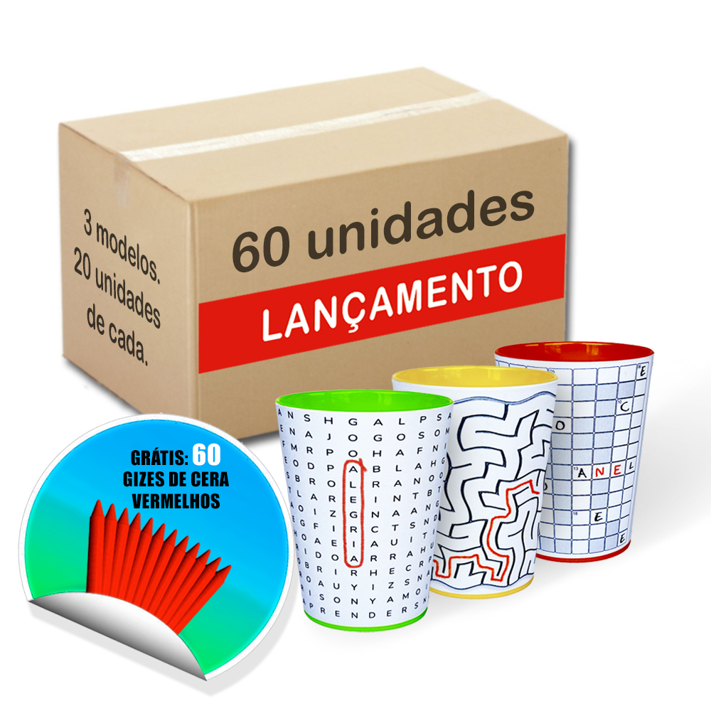 Caixa Mix com 60 unidades sendo 20 unidades de cada um dos 3 modelos dos copos da Linha Quebra Cuca, com os modelos Caça Palavras, Labirinto e Palavras Cruzadas.