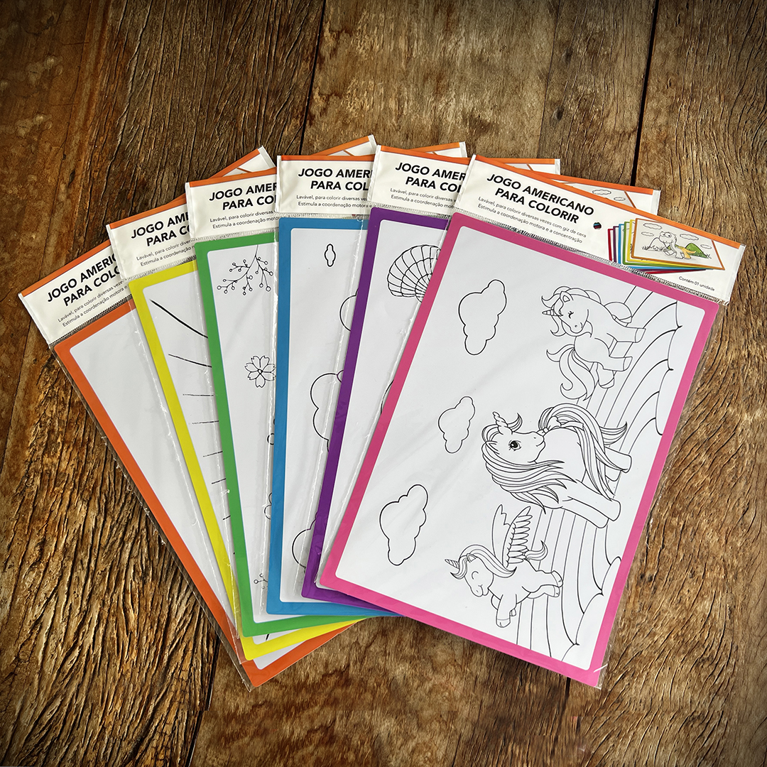 Jogos Americanos para colorir com giz de cera, com 6 temas o tema Dinossauro, Esporte, Girafa, Avião, Sereia e Unicórnio.