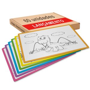 Caixa com 60 Jogos Americanos para colorir com giz de cera, com 6 temas o tema Dinossauro, Esporte, Girafa, Avião, Sereia e Unicórnio. Dez unidades de cada tema.