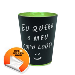 Copo Lousa - Lousa Cup Verdeo para escrever ou desenhar. Caixa com 48 unidades. Acompanha a mesma quantidade de giz de cera branco.