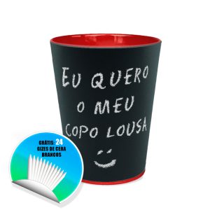 Copo Lousa - Lousa Cup Vermelho para escrever ou desenhar. Caixa com 24 unidades. Acompanha a mesma quantidade de giz de cera branco.