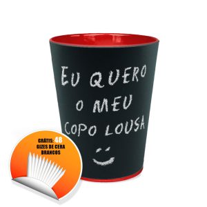 Copo Lousa - Lousa Cup Vermelho para escrever ou desenhar. Caixa com 48 unidades. Acompanha a mesma quantidade de giz de cera branco.