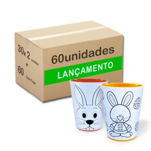 Caixa Duo com 60 Color Cups em 2 modelos Coelhio e Coelhinhos, 30 unidades de cada modelo. Copos para colorir com giz de cera. Lavável, super original, bonito e resistente.