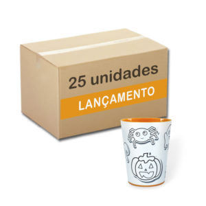 Caixa com 25 copos para colorir com giz de cera. Lavável, super original, bonito e resistente. Com tema Halloween com o interior na cor laranja