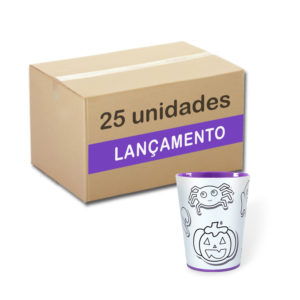 Caixa com 25 copos para colorir com giz de cera. Lavável, super original, bonito e resistente. Com tema Halloween com o interior na cor roxa