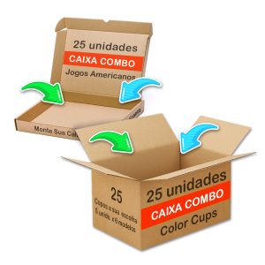 CAIXA COMBO, vem com 25 Color Cups(copo de colorir com giz de cera) + 25 Jogos Americanos de Colorir com giz de cera, e você escolhe o tema de cada produto.