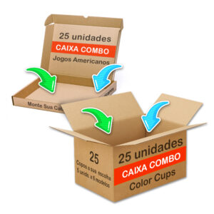 CAIXA COMBO, vem com 25 Color Cups(copo de colorir com giz de cera) + 25 Jogos Americanos de Colorir com giz de cera, e você escolhe o tema de cada produto.