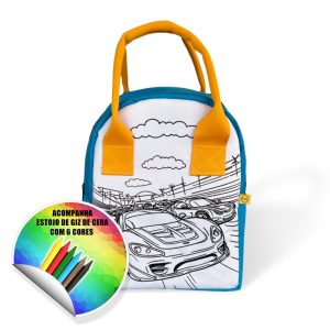 Lancheira Térmica para colorir com giz de cera. Modelo Carros. Acompanha estojo de Giz de Cera com 6 cores(24gramas)