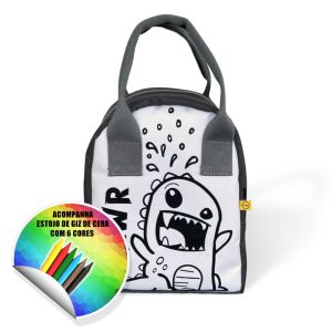 Lancheira Térmica para colorir com giz de cera. Modelo Dinossauro. Acompanha estojo de Giz de Cera com 6 cores(24gramas)