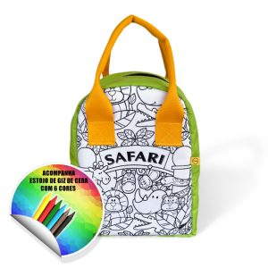 Lancheira Térmica para colorir com giz de cera. Modelo Safari. Acompanha estojo de Giz de Cera com 6 cores(24gramas)