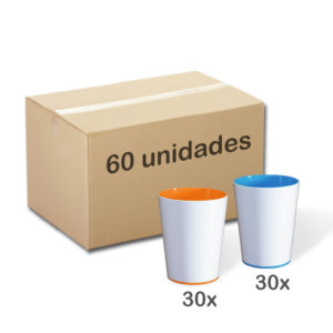 Caixa com duas cores(Laranja e Azul) de Copo Color Cup Personalizável para colorir com giz de cera. Lavável, super original, bonito e resistente.