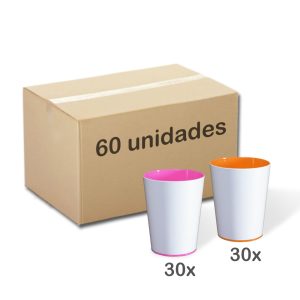 Caixa com duas cores(Laranja e Rosa) de Copo Color Cup Personalizável para colorir com giz de cera. Lavável, super original, bonito e resistente.