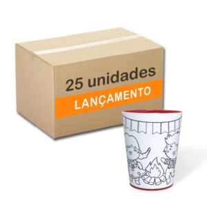 Caixa com 25 copos para colorir com giz de cera. Lavável, super original, bonito e resistente. Com tema Festa Junina com o interior na cor laranja