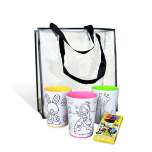Kit Presente com 3 Copos Para Colorir e Estojo de Giz de cera